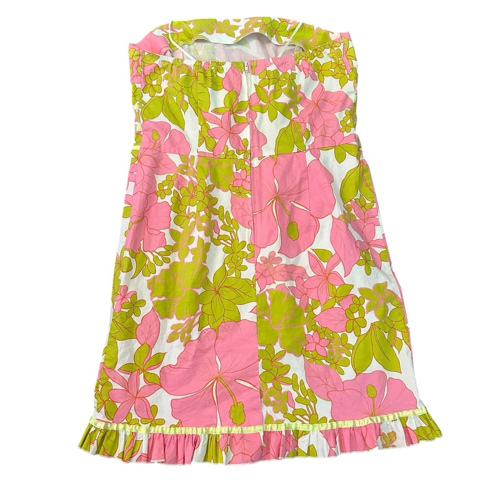 Y2k Pink and green floral print strapless dress with ruffles size 13/14 - Picture 2 of 8